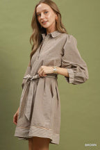 YSONA Umgee Striped Contrast Belted Puff Sleeve Mini Dress — back view | Women's Dress | Shop YSONA