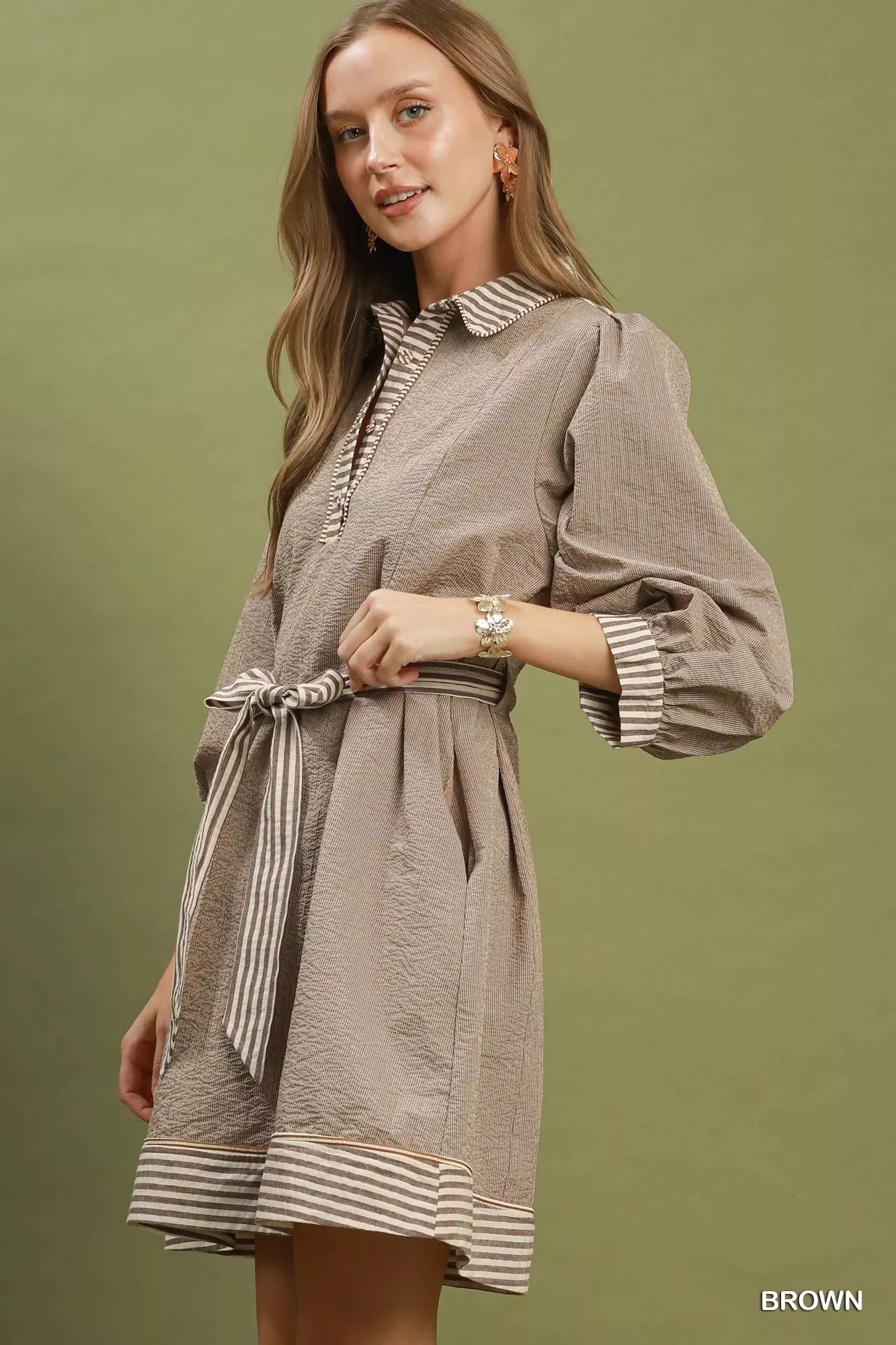 YSONA Umgee Striped Contrast Belted Puff Sleeve Mini Dress — back view | Women's Dress | Shop YSONA