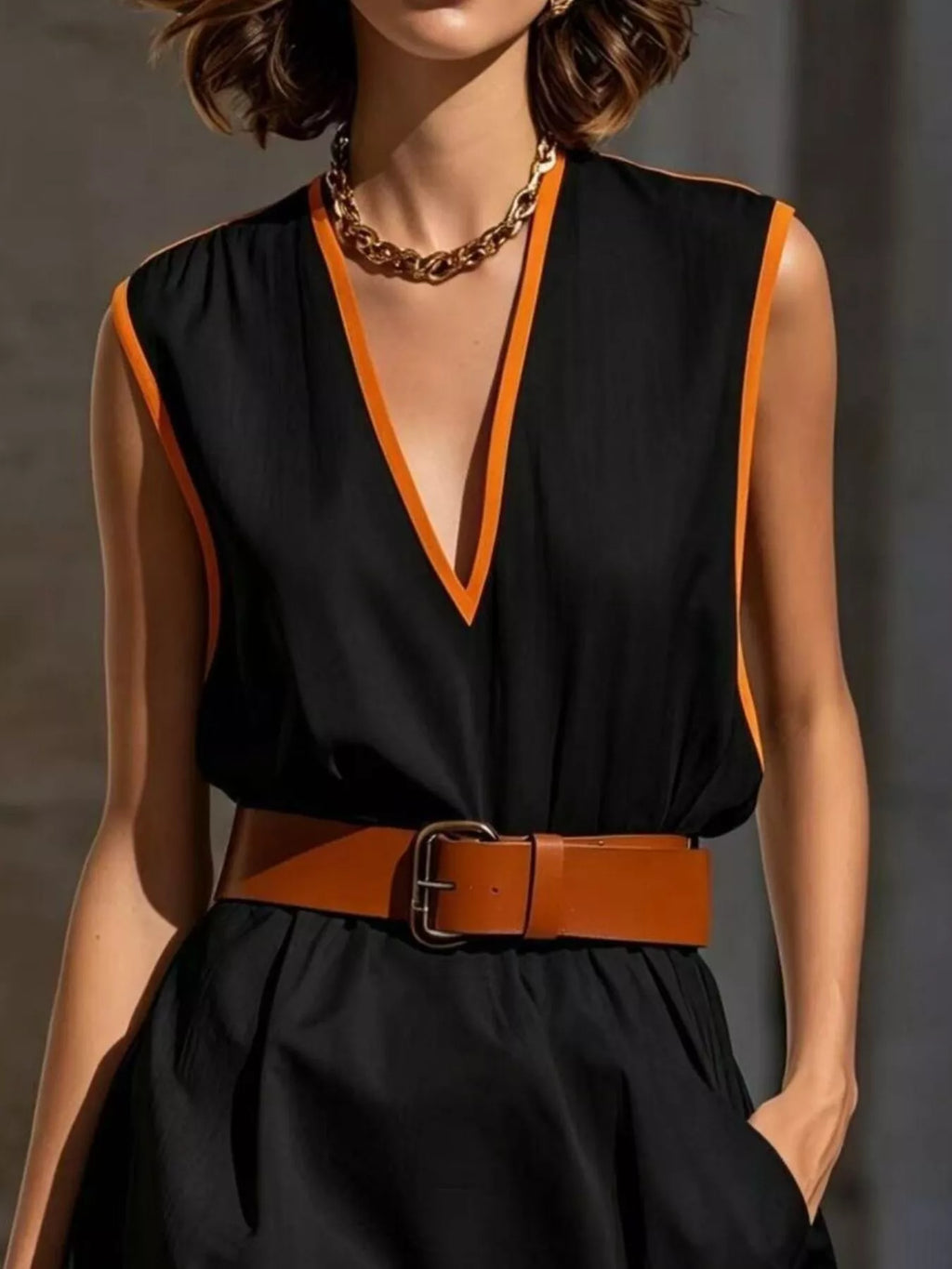 YSONA Contrast Trim V-Neck Sleeveless Dress — model wearing | Women's Dress | Shop YSONA