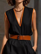 YSONA Contrast Trim V-Neck Sleeveless Dress — model wearing | Women's Dress | Shop YSONA
