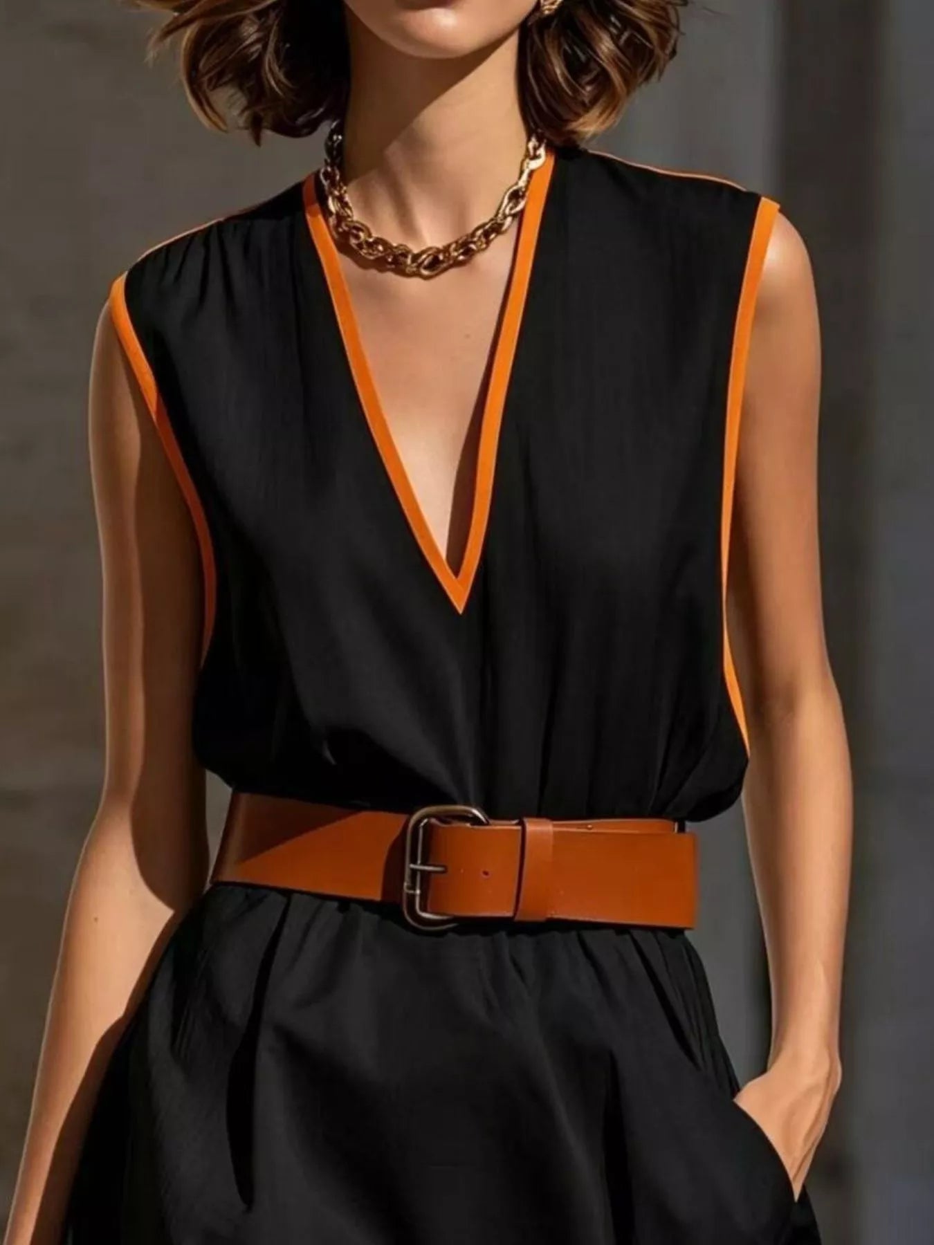 YSONA Contrast Trim V-Neck Sleeveless Dress — model wearing | Women's Dress | Shop YSONA
