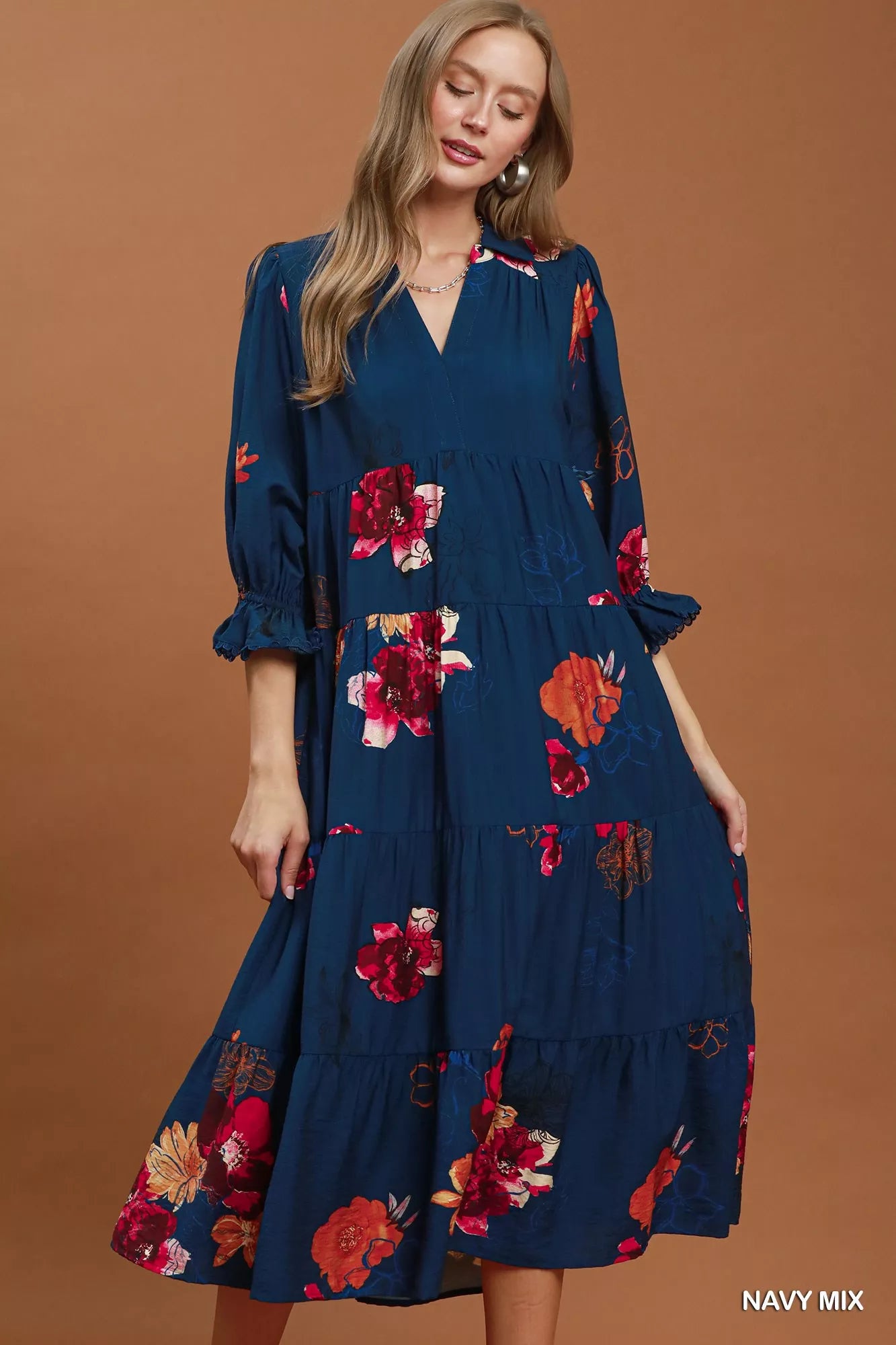 YSONA Umgee Floral Print Tiered Midi Dress with Puff Sleeves — front view | Women's Dress | Shop YSONA