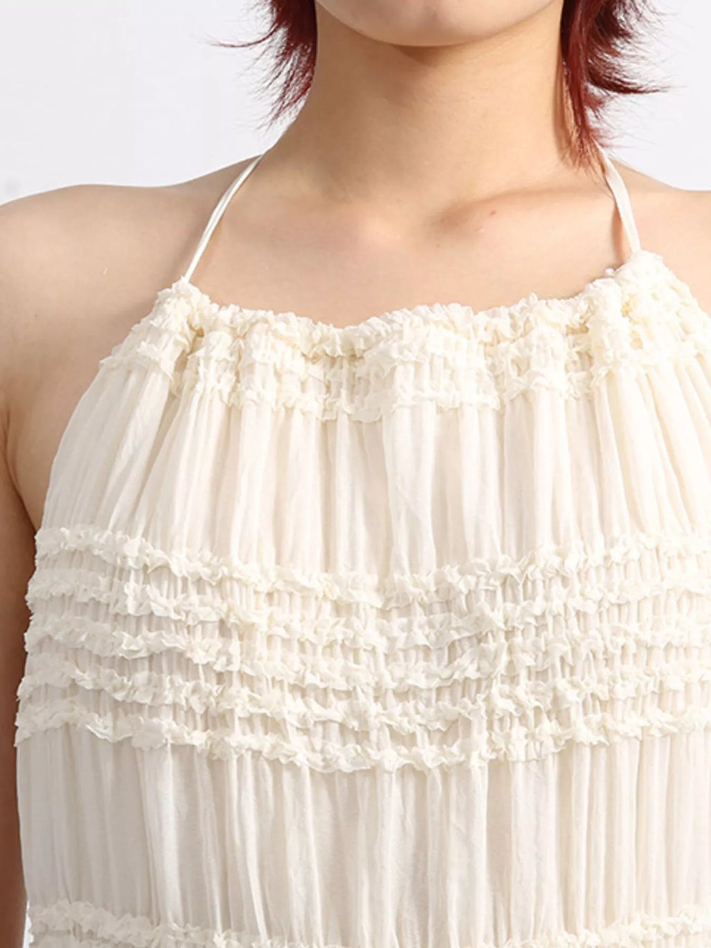 YSONA Backless Halter Neck Ruched Maxi Dress — close-up view | Women's Dress | Shop YSONA
