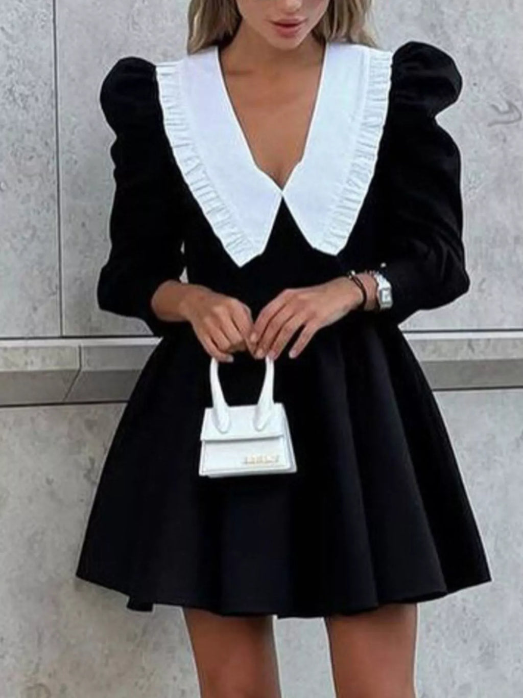 YSONA Puff Sleeve Contrast Collar Dress — front view | Women's Dress | Shop YSONA