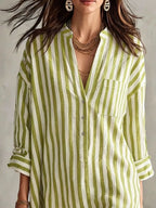 YSONA Full Size Striped 3/4 Sleeve Shirt Dress Plus Size — close-up view | Women's Dress | Shop YSONA