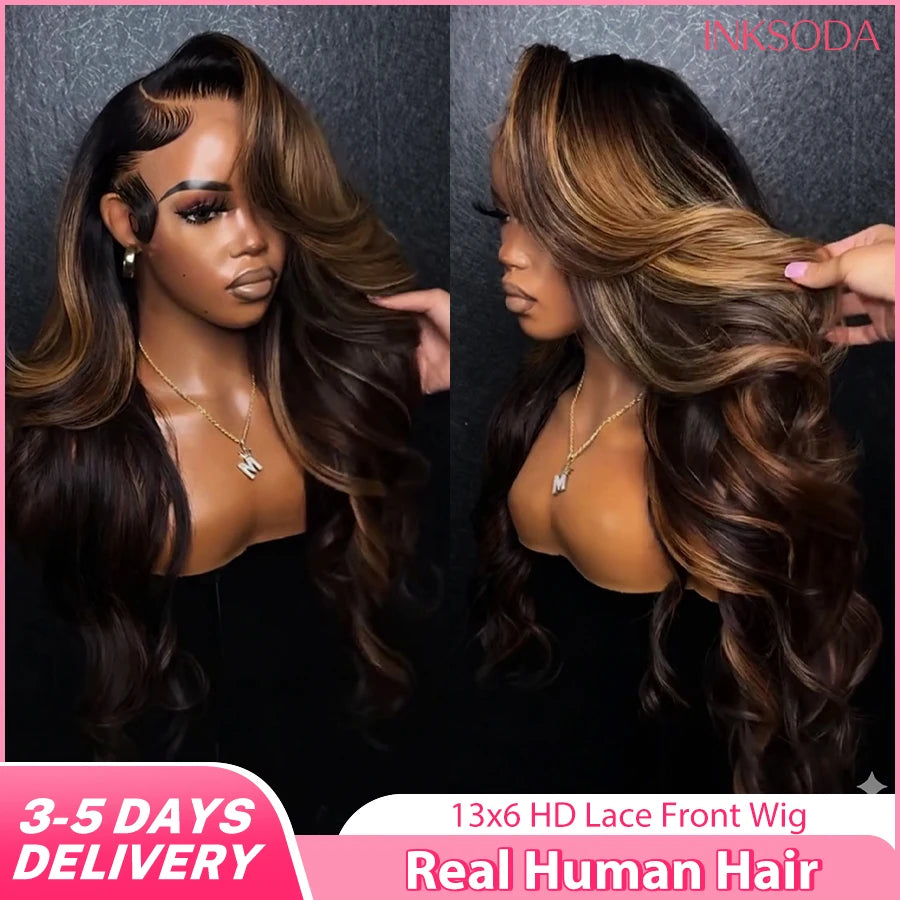 1B/30 Highlight Ombre 13x6 Lace Front Wig – Black Brown Colored Body Wave, Pre-Plucked 30 Inch