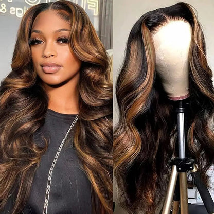 1B/30 Highlight Ombre 13x6 Lace Front Wig – Black Brown Colored Body Wave, Pre-Plucked 30 Inch