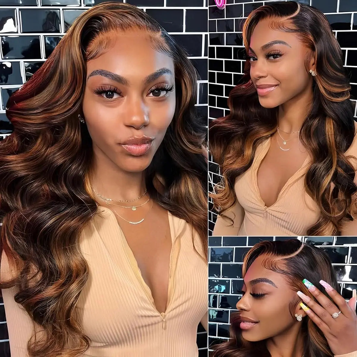 1B/30 Highlight Ombre 13x6 Lace Front Wig – Black Brown Colored Body Wave, Pre-Plucked 30 Inch
