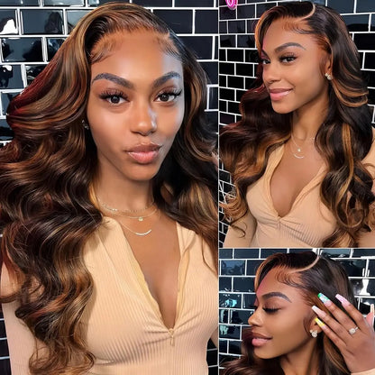 1B/30 Highlight Ombre 13x6 Lace Front Wig – Black Brown Colored Body Wave, Pre-Plucked 30 Inch