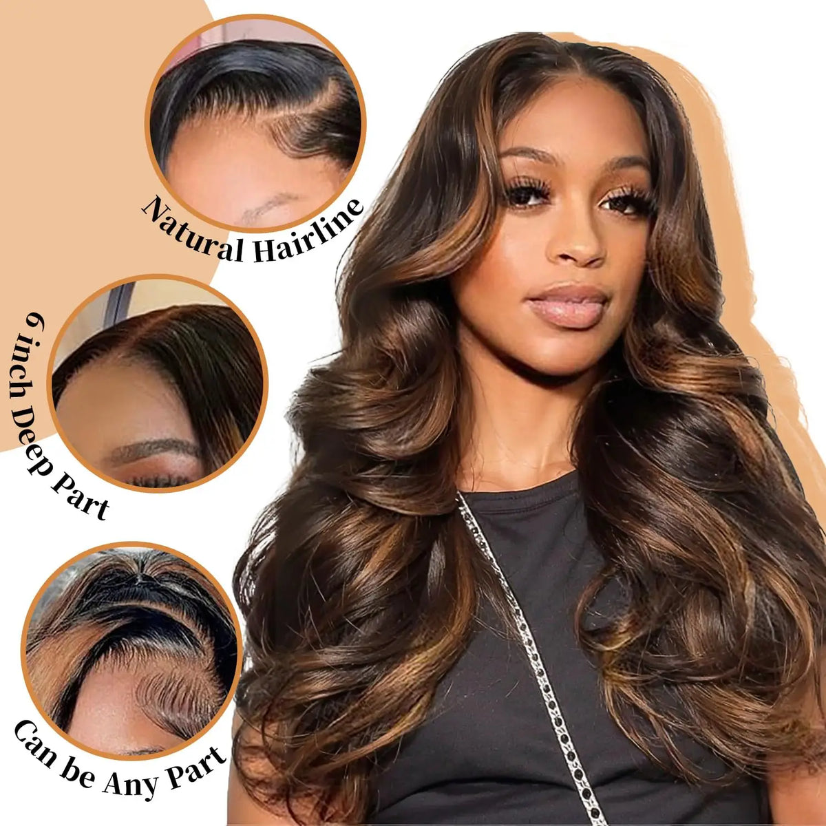 1B/30 Highlight Ombre 13x6 Lace Front Wig – Black Brown Colored Body Wave, Pre-Plucked 30 Inch