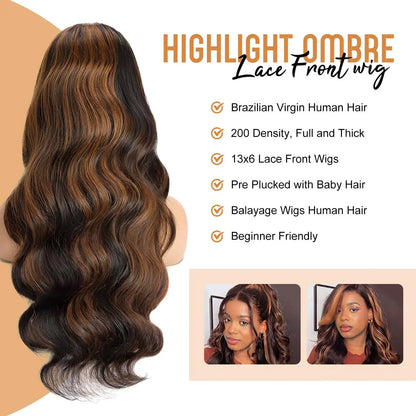 1B/30 Highlight Ombre 13x6 Lace Front Wig – Black Brown Colored Body Wave, Pre-Plucked 30 Inch