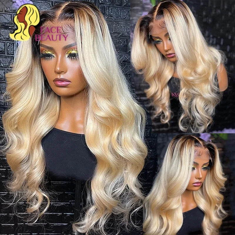 1B/613 Ombre Blonde Body Wave 13x6 Lace Front Wig – Dark Root Full Lace, Pre-Plucked Remy