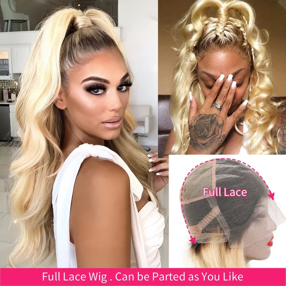 1B/613 Ombre Blonde Body Wave 13x6 Lace Front Wig – Dark Root Full Lace, Pre-Plucked Remy