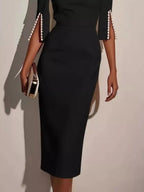YSONA Slim-Fit Elegant Midi Dress with Beaded Slit Sleeve — close-up view | Women's Dress | Shop YSONA