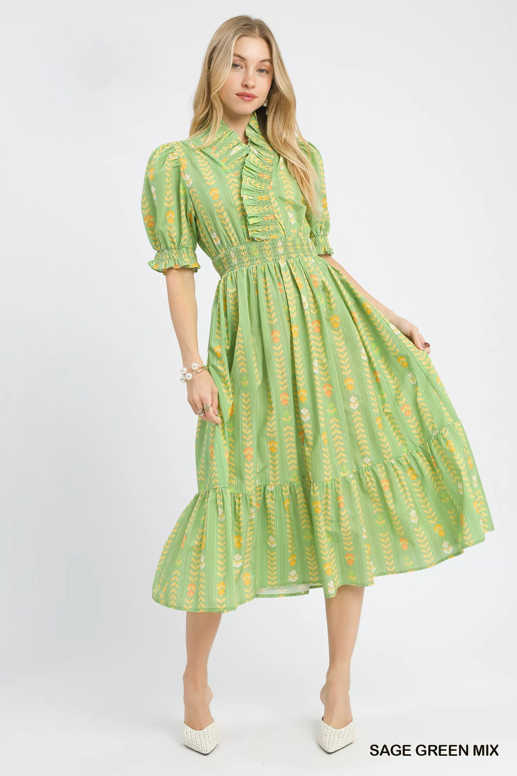 YSONA Umgee Vibrant Ruffle Smocked Midi Dress — back view | Women's Dress | Shop YSONA
