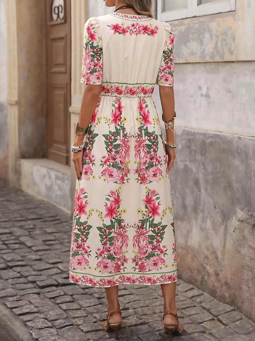 YSONA Floral Print V-Neck Midi Dress — model wearing | Women's Dress | Shop YSONA
