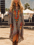 YSONA Fringe Hem Notched Long Sleeve Dress — front view | Women's Dress | Shop YSONA
