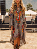 YSONA Fringe Hem Notched Long Sleeve Dress — front view | Women's Dress | Shop YSONA