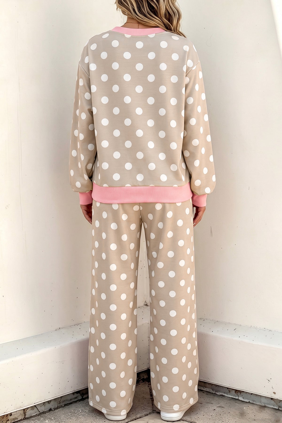 Sky Blue Polka Dot Contrast Trim Long Sleeve Top Drawstring Shift Pants Set