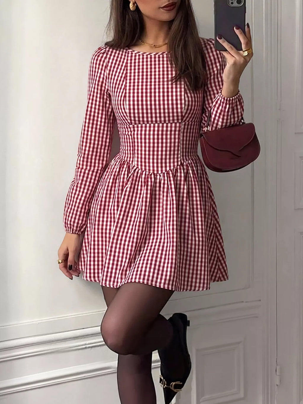 YSONA Backless Plaid Long Sleeve Dress — detail view | Women's Dress | Shop YSONA