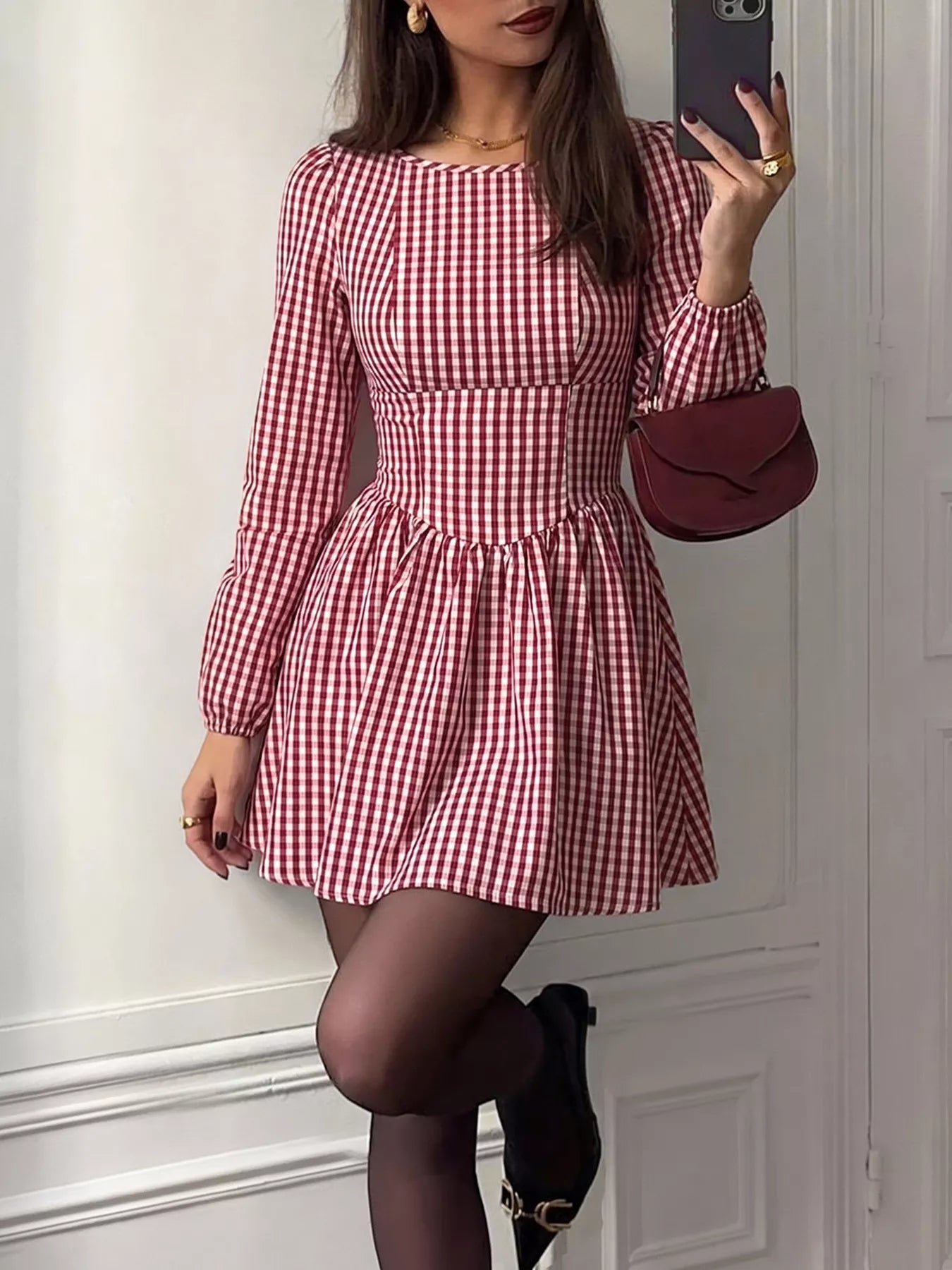 YSONA Backless Plaid Long Sleeve Dress — detail view | Women's Dress | Shop YSONA