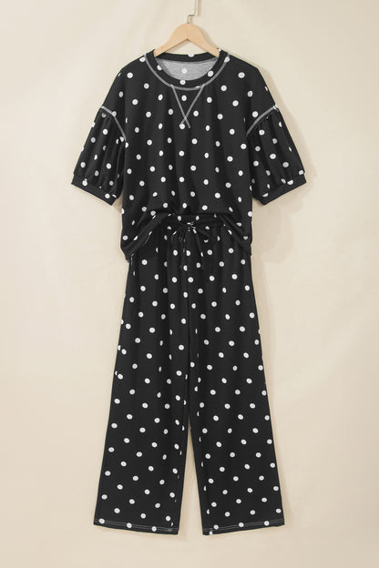 Black Polka Dot Half Sleeve Loose Top Elastic Waist Casual Pants Set