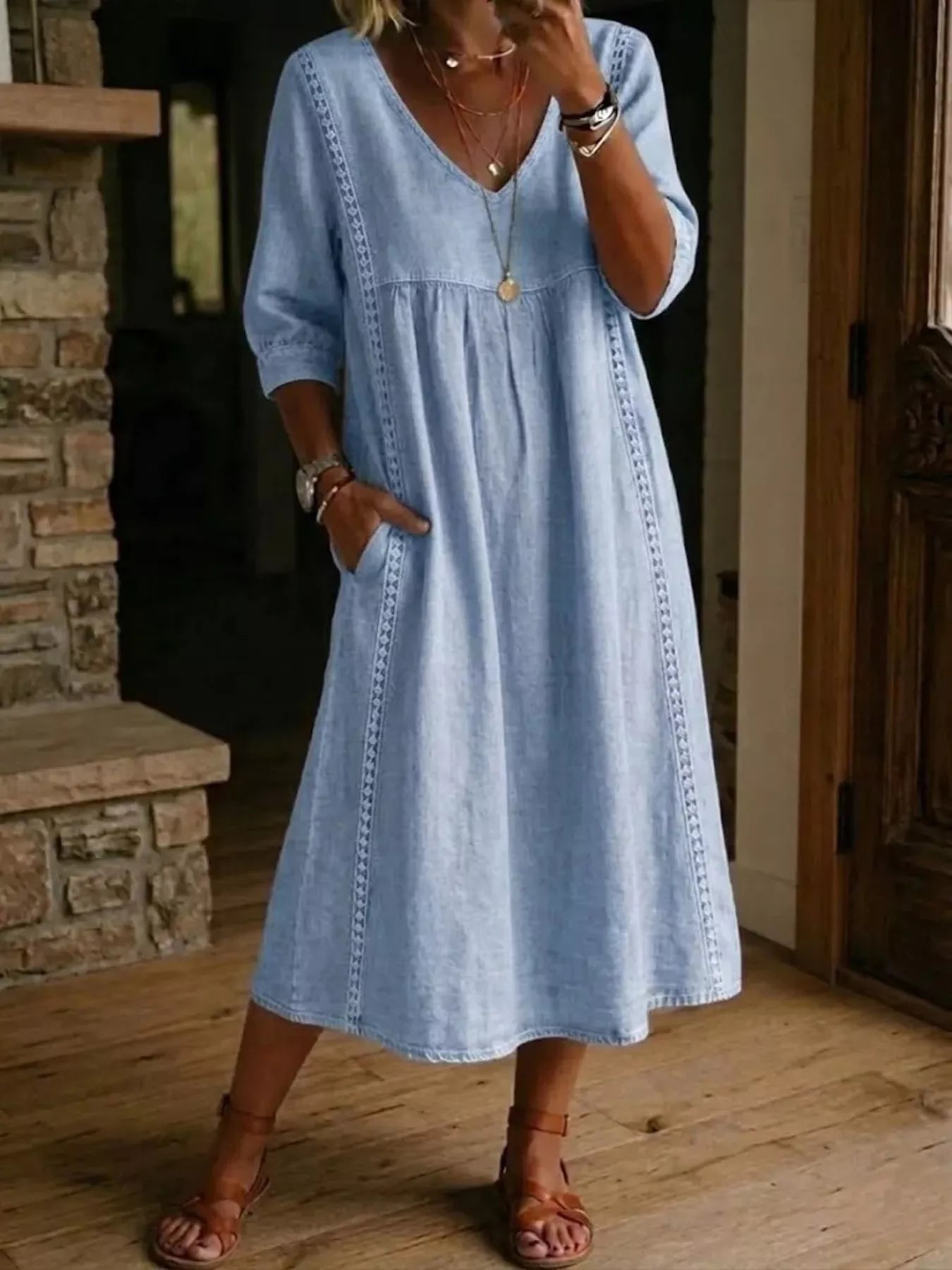 YSONA Full Size V-Neck 3/4 Sleeve Midi Dress Plus Size — front view | Women's Dress | Shop YSONA