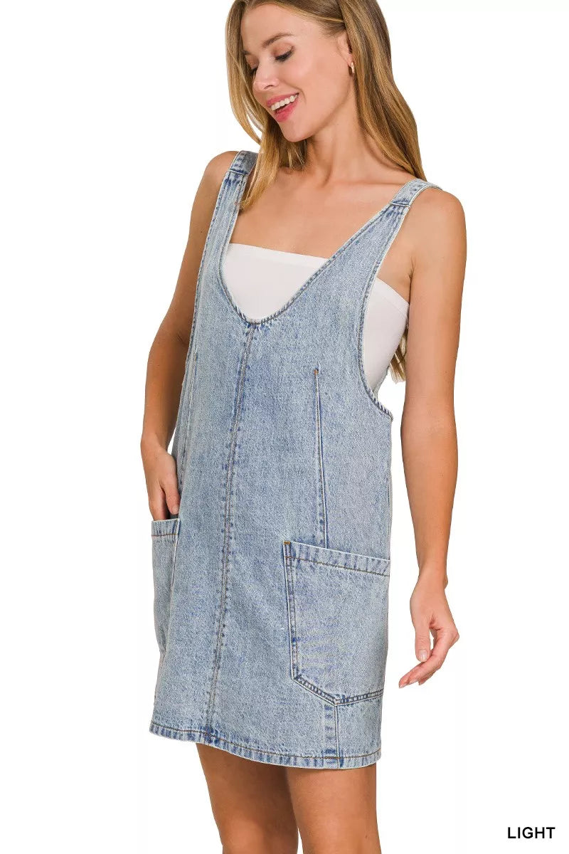 YSONA Zenana Denim Overall Dress with Front Pockets — detail view | Women's Dress | Shop YSONA