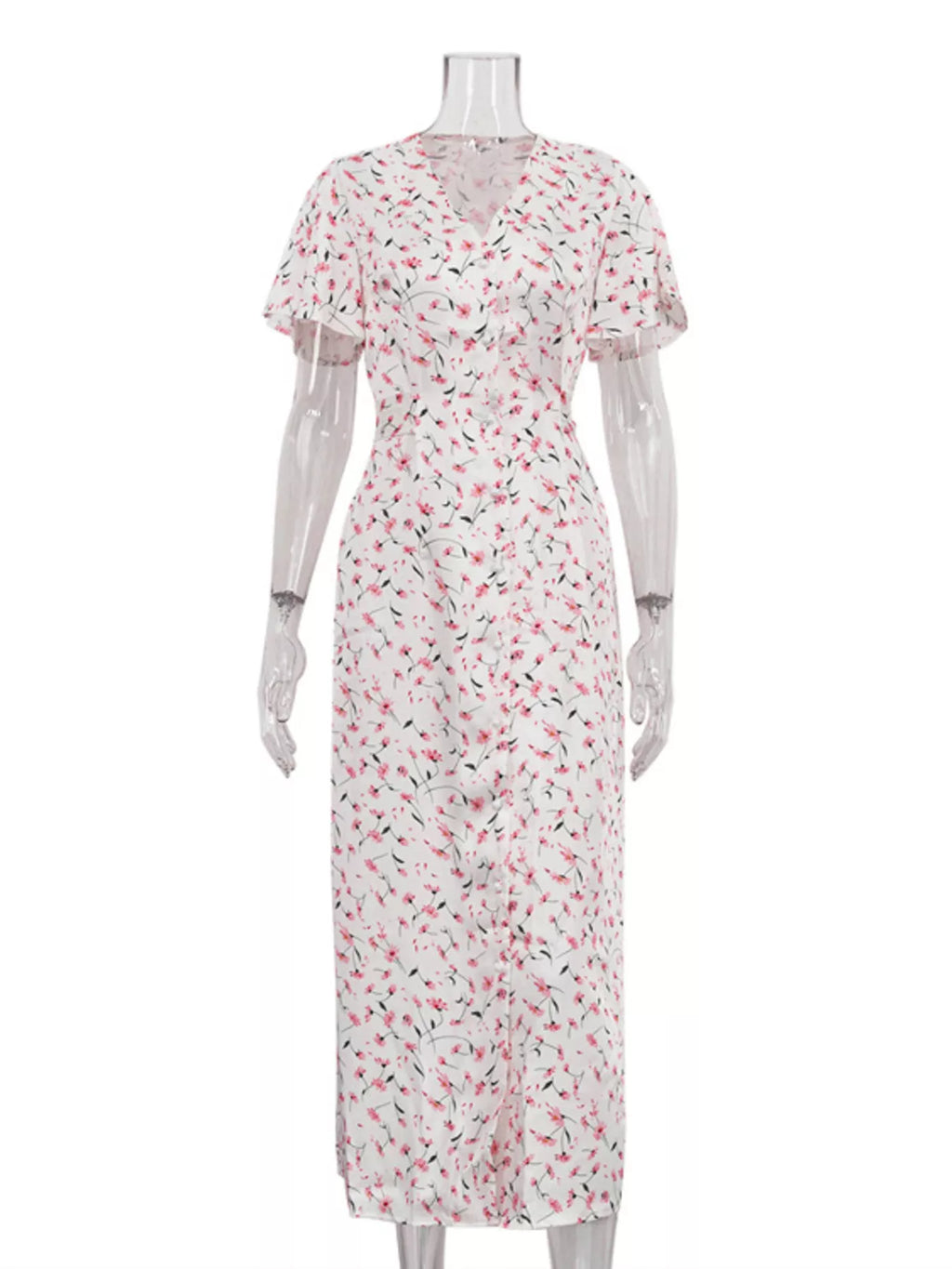 YSONA Floral Print V-Neck Flutter Sleeves Midi Dress — close-up view | Women's Dress | Shop YSONA