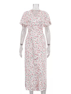 YSONA Floral Print V-Neck Flutter Sleeves Midi Dress — close-up view | Women's Dress | Shop YSONA