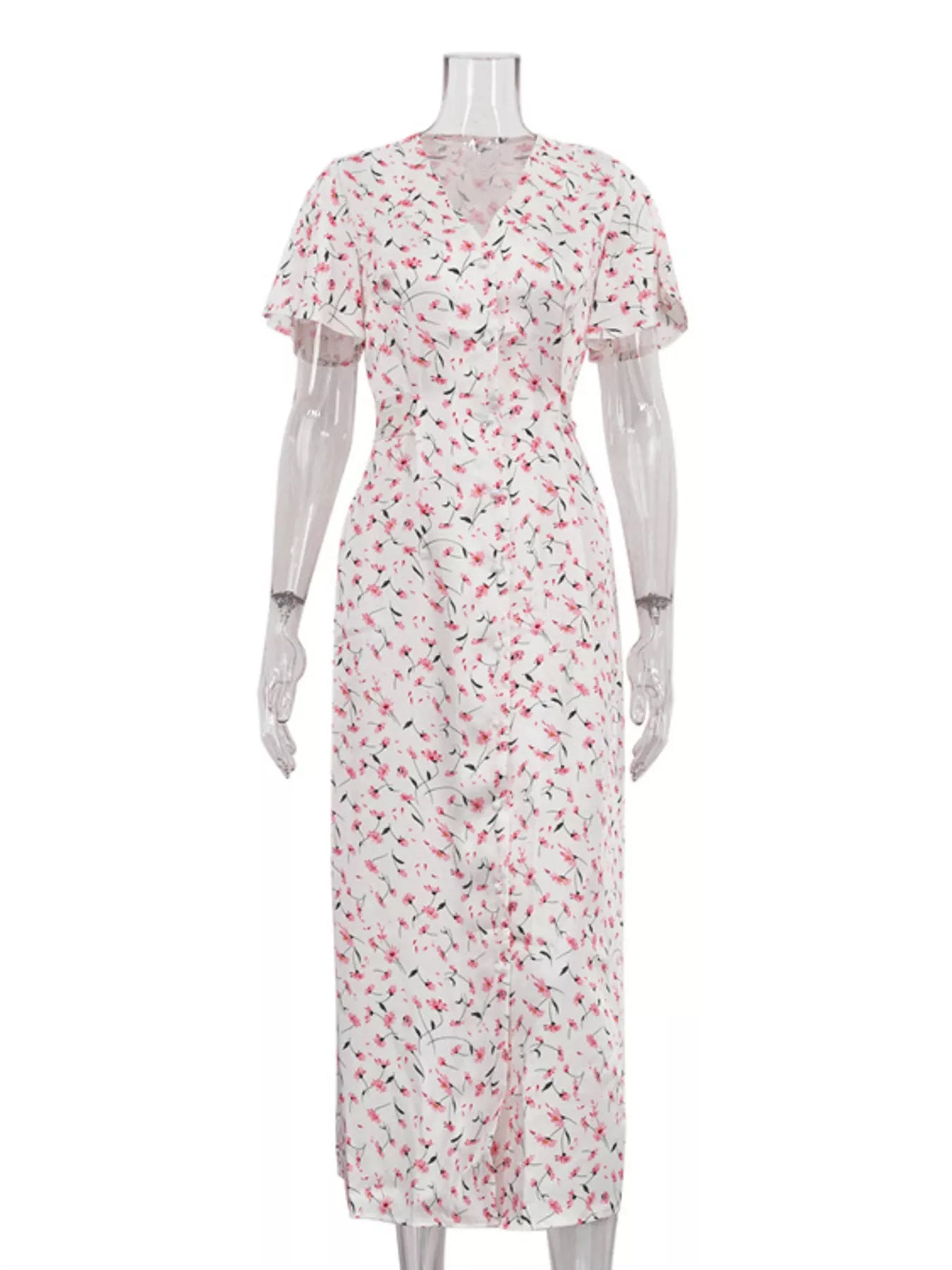 YSONA Floral Print V-Neck Flutter Sleeves Midi Dress — close-up view | Women's Dress | Shop YSONA