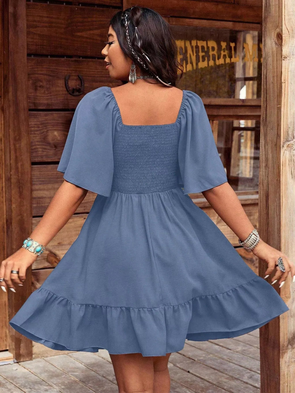 YSONA Embroidered Flutter Sleeve Mini Dress — model wearing | Women's Dress | Shop YSONA