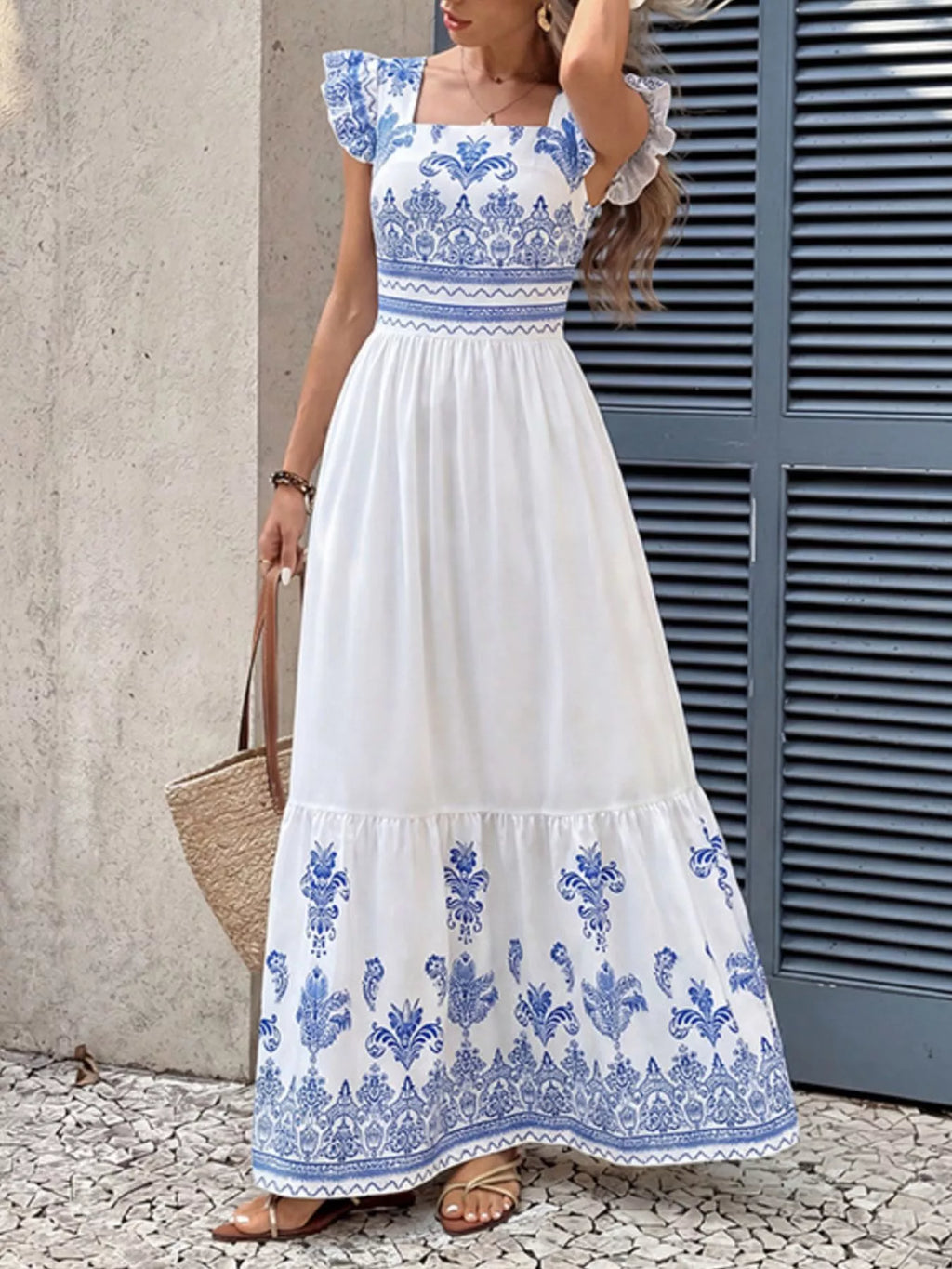 YSONA Printed Square Neck Maxi Dress — detail view | Women's Dress | Shop YSONA