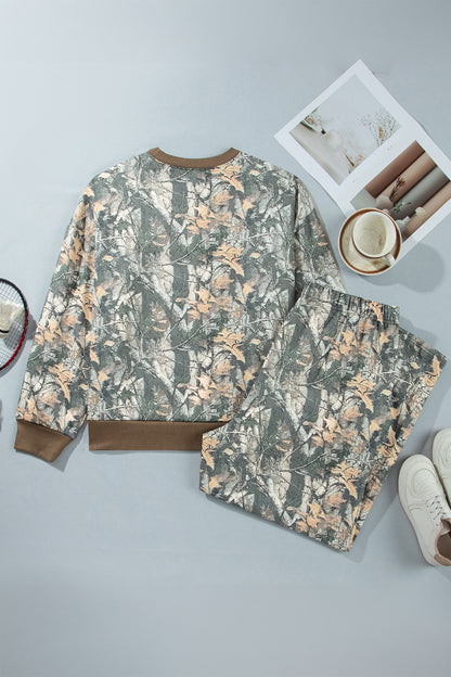 Brown Jungle Camouflage Print Ribbed Trim Long Sleeve Top Plus Size Pant Set