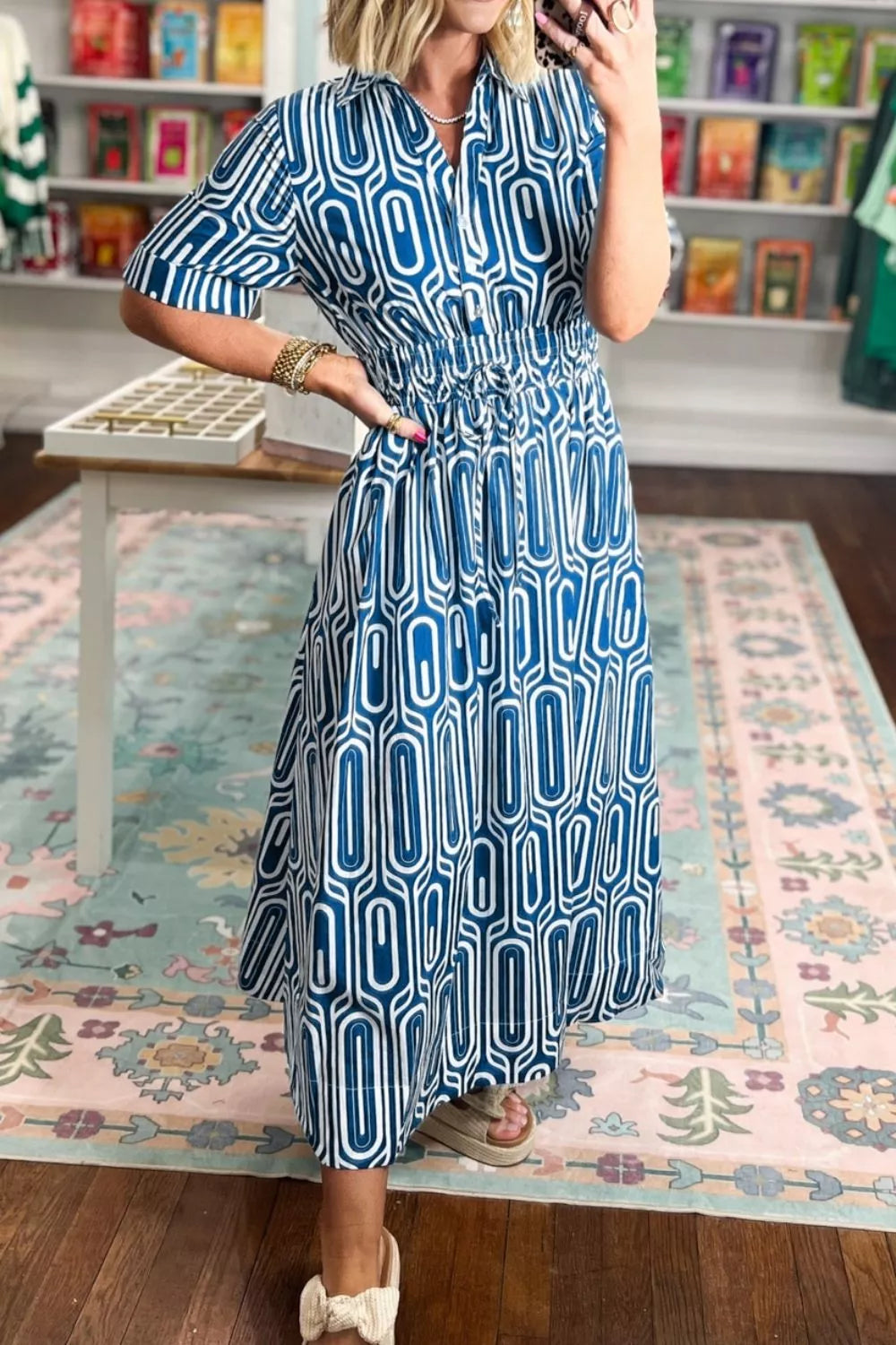 YSONA Geometric Print Short Sleeve Drawstring Shirt Collar Dress — model wearing | Women's Dress
