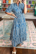 YSONA Geometric Print Short Sleeve Drawstring Shirt Collar Dress — model wearing | Women's Dress