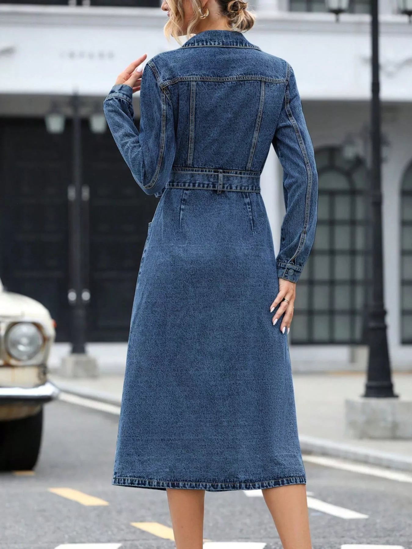 YSONA Belted Long Sleeve Denim Dress — full length view | Women's Dress | Shop YSONA