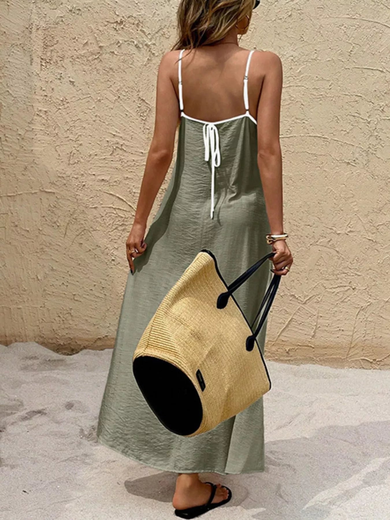 YSONA Spaghetti Strap Maxi Dress with Contrasting Trim — back view | Women's Dress | Shop YSONA