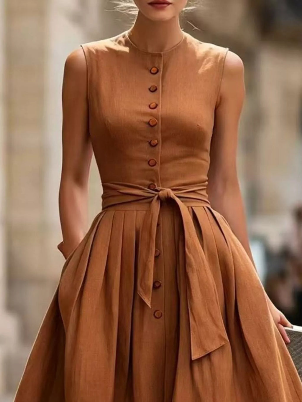 YSONA Full Size Sleeveless Button-Front Belted Midi Dress Plus Size — full length view | Women's Dress