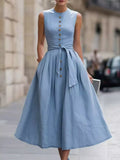 YSONA Full Size Sleeveless Button-Front Belted Midi Dress Plus Size — front view | Women's Dress