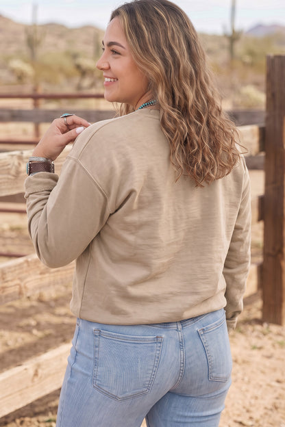 Coffee PRAY Letter Patchwork Round Neck Long Sleeve Plus Size Sweatshirt