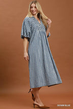 YSONA Umgee Puff Sleeve Plaid Midi Dress — back view | Women's Dress | Shop YSONA