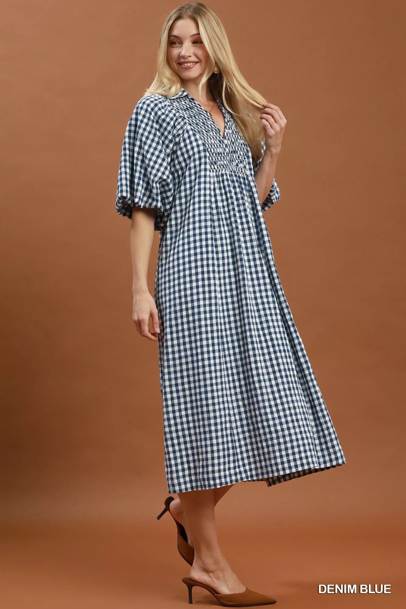 YSONA Umgee Puff Sleeve Plaid Midi Dress — back view | Women's Dress | Shop YSONA