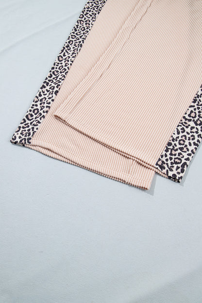Light French Beige Leopard Print Ribbed Twist Long Sleeve Top Pants Plus Size Set