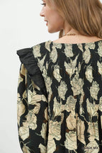 YSONA Umgee Mix Floral Print Smocked Ruffle Detail Flowy Dress — model wearing | Women's Dress