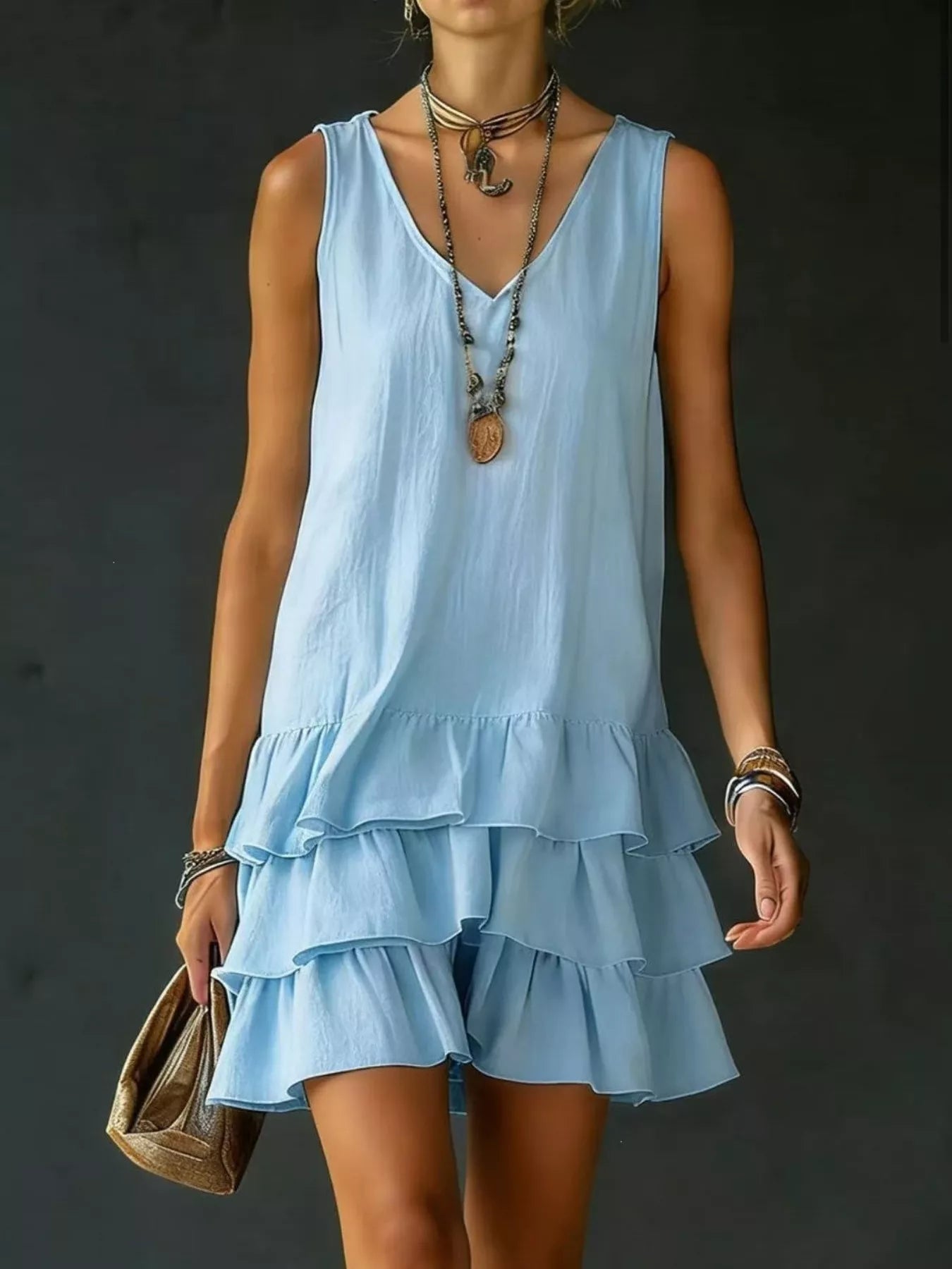 YSONA Full Size Ruffled Hem V-Neck Sleeveless Dress Plus Size — front view | Women's Dress