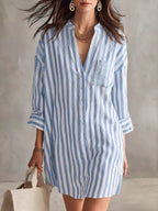 YSONA Full Size Striped 3/4 Sleeve Shirt Dress Plus Size — front view | Women's Dress | Shop YSONA