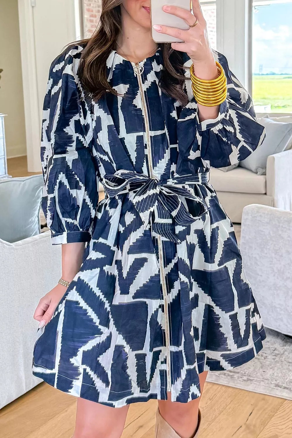 YSONA Abstract Geometric Print Zip Front Tie Waist Shift Dress — side view | Women's Dress | Shop YSONA