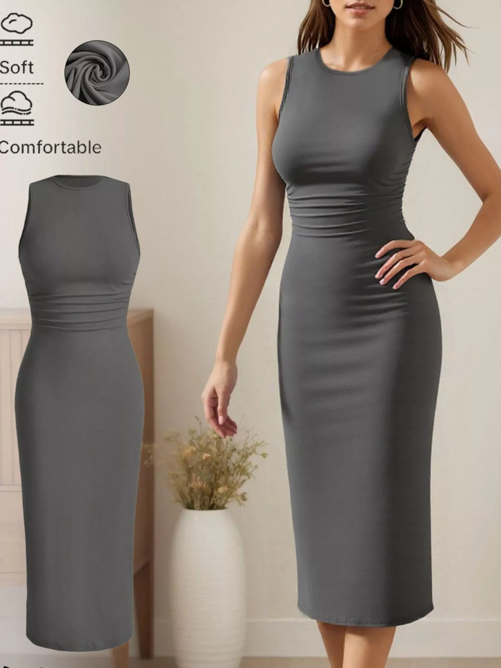 YSONA Sleeveless Round Neck Midi Dress — front view | Women's Dress | Shop YSONA