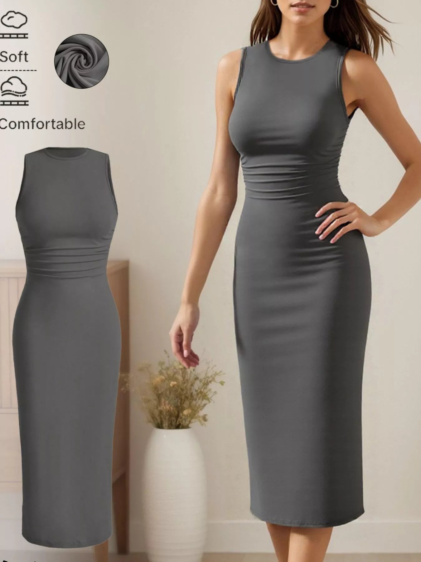YSONA Sleeveless Round Neck Midi Dress — front view | Women's Dress | Shop YSONA